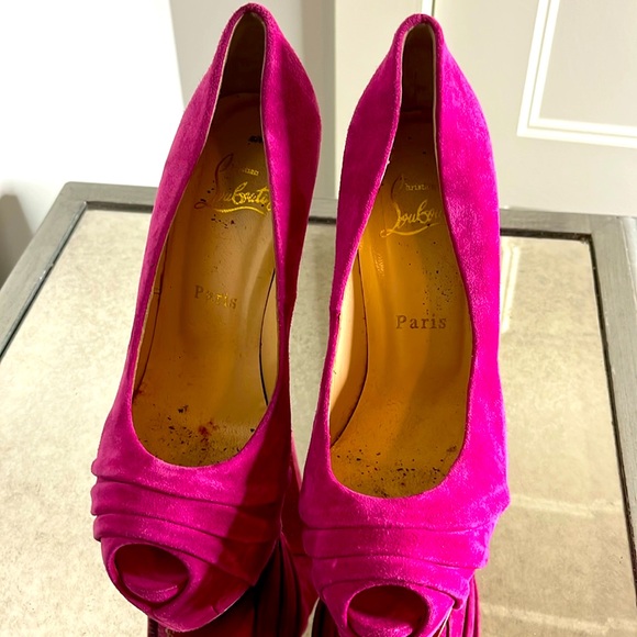 Christian Louboutin Hot Pink Suede Peep Toe Heels